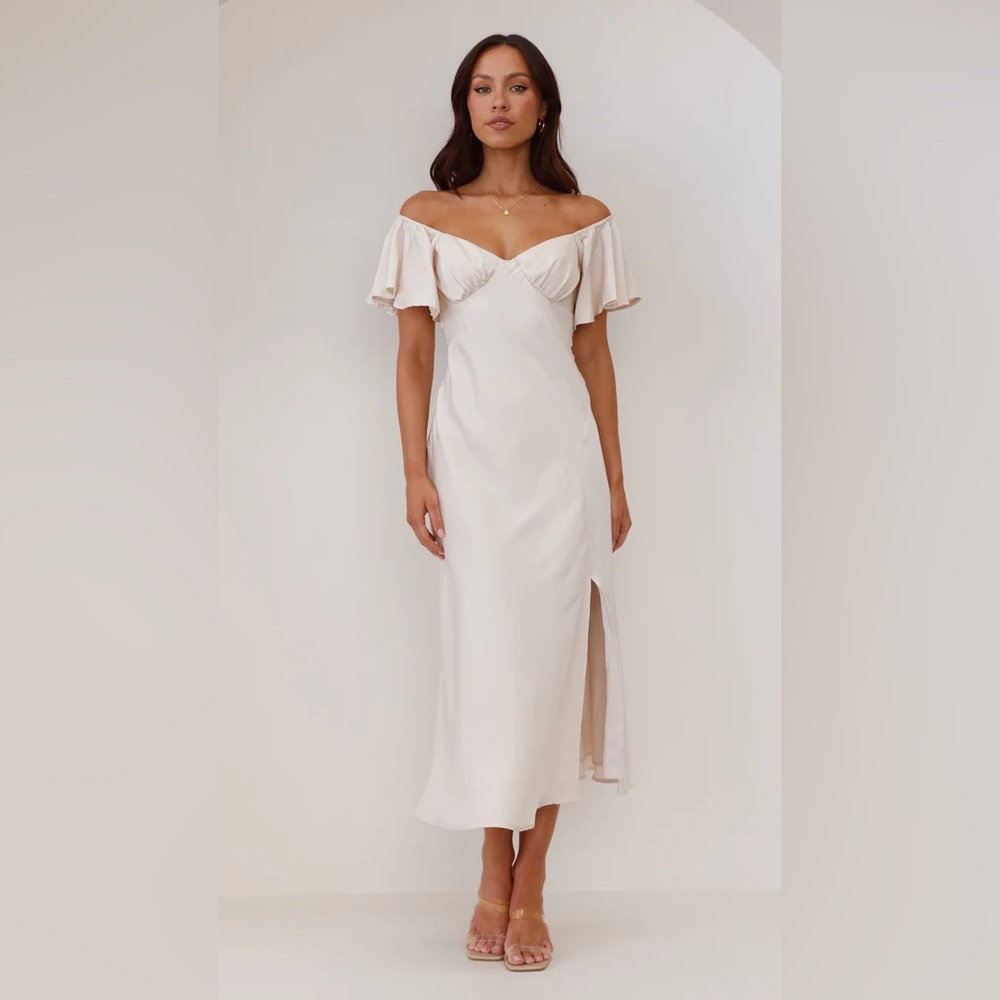 NWT Satin Off Shoulder Champagne Butterfly Sleeve Cocktail Formal Split Dress, 8